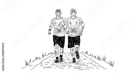 Black and white sketch of two runners on a path in nature