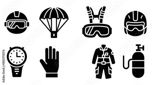 Skydiving equipment icons set in bold black silhouette style