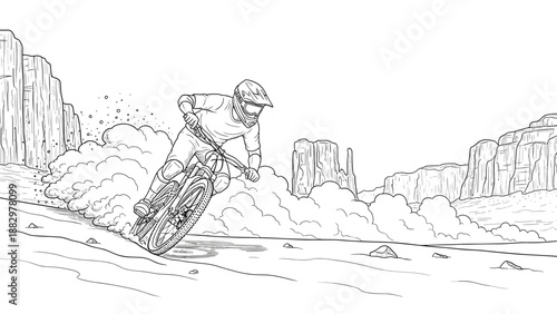 Mountain biker riding through desert landscape in black and white sketch style