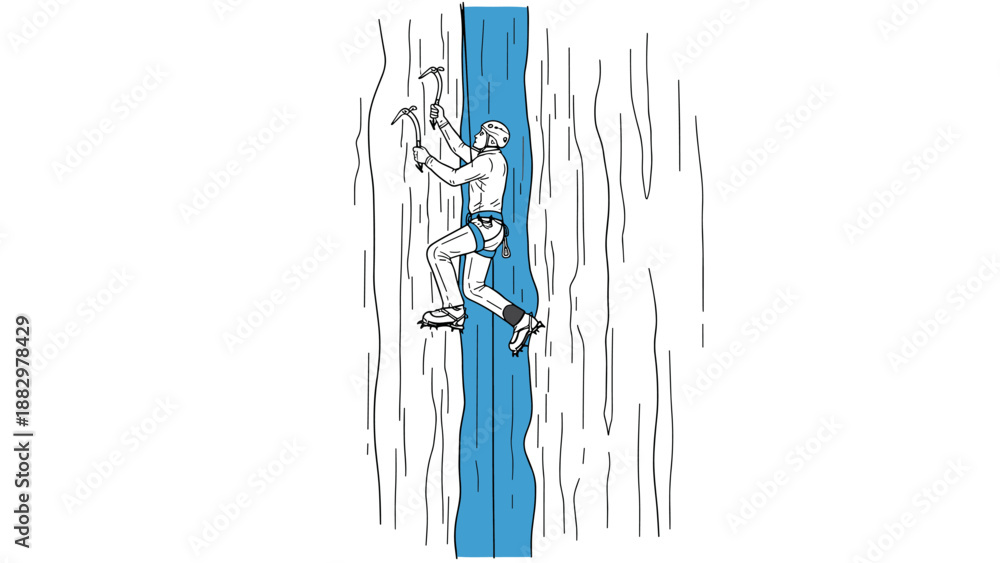 Fototapeta premium Climber scaling vertical ice wall in detailed sketch style with blue accents