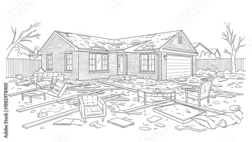 Detailed sketch of a damaged house with debris in black and white linear style