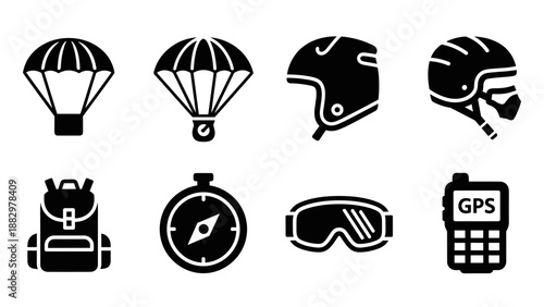 Adventure gear icons pack: parachute, helmet, backpack, and more essential equipment