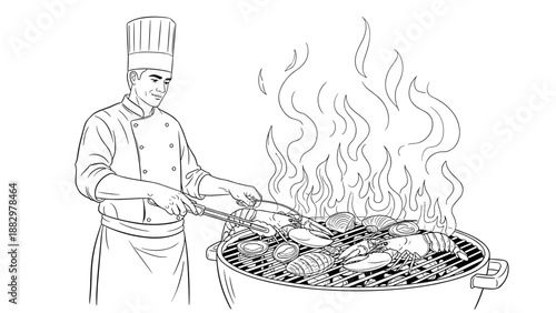 Chef grilling seafood: outdoor bbq cooking scene with flames and smiling cook