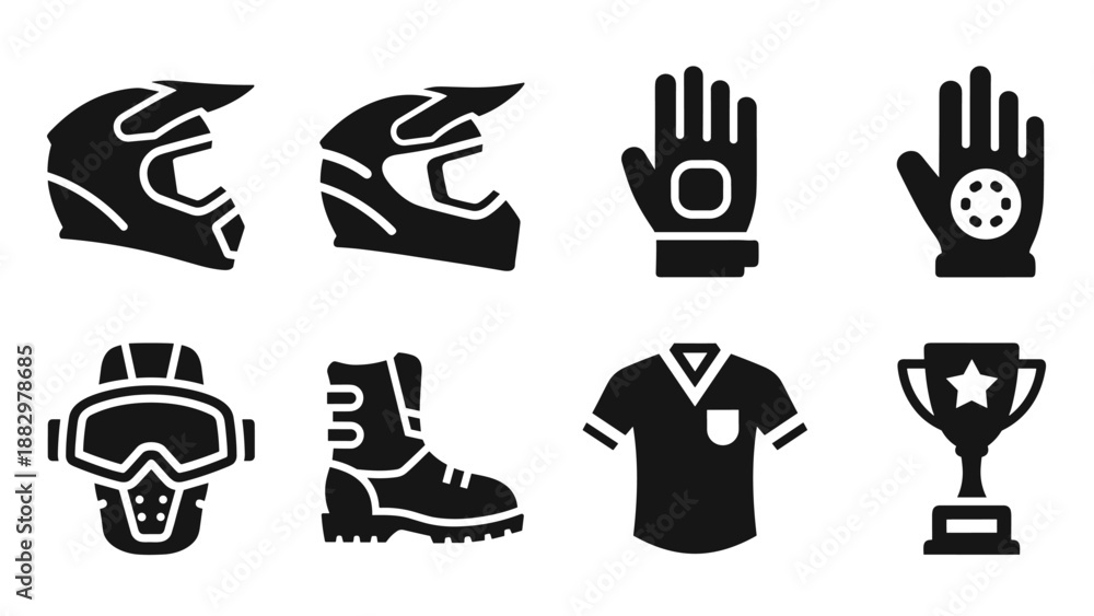 Fototapeta premium Silhouette icons of motocross gear: helmets, gloves, boots, jersey, trophy