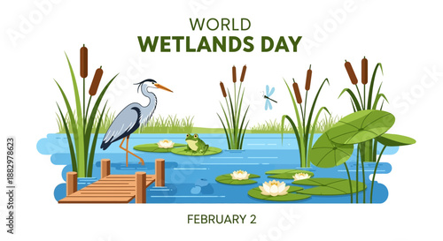 Bird standing in wetlands with plants and water on World Wetlands Day celebration