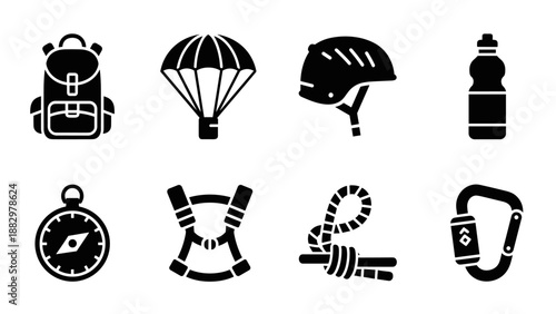 Silhouette set of essential outdoor adventure icons for hiking and climbing