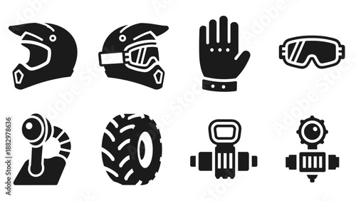 Off-road gear icons: helmets, gloves, and vehicle parts in bold silhouette style