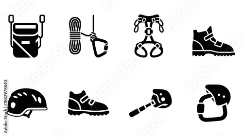 Essential climbing gear icons: harness, rope, helmet, hiking boots set