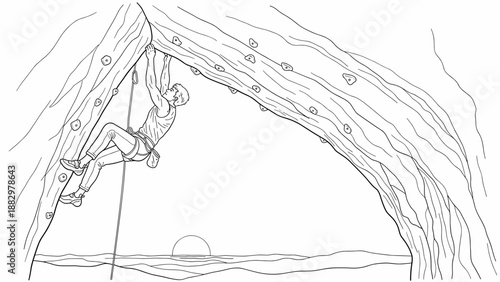 Rock climbing adventure: line art of man scaling indoor climbing wall with sunrise