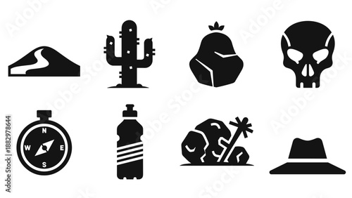 Adventure icons set: desert, skull, and hat in bold silhouette style