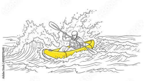 Dynamic linear art of kayaker navigating whitewater waves