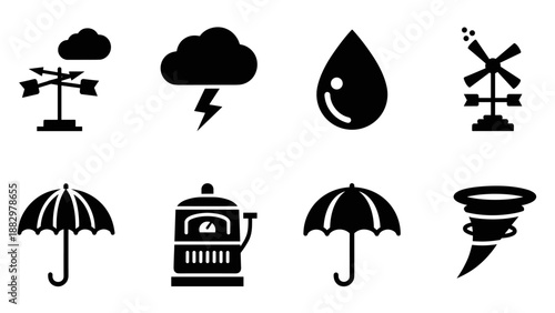 Weather icons collection: storm, rain, wind, and more in bold silhouette style