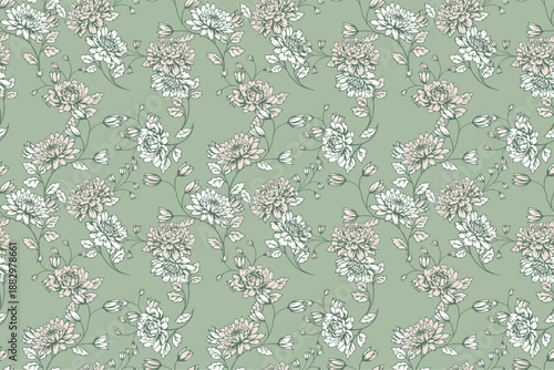 Seamless vector floral pattern with delicate white chrysanthemums, buds and leaves on soft sage green background. Elegant repeating design for fabric, wallpaper, decor print