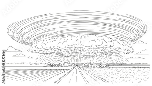 Dramatic tornado approaching rural landscape in detailed line art drawing