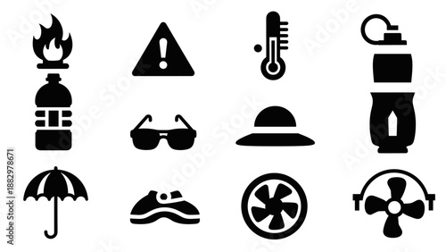 Minimal black thermometer alert water bottle icons for summer safety