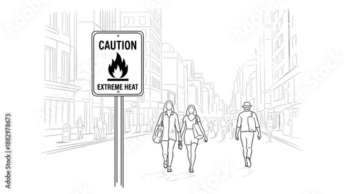 City street scene highlighting extreme heat caution sign in minimalist line art