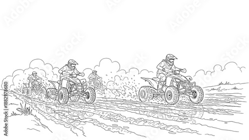 Atv adventure: group riding on off-road trails in black and white outline style