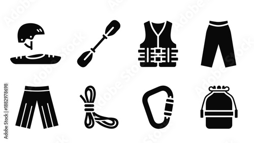 Kayaking essentials icons: helmet, paddle, life jacket, rope, carabiner, waterproof bag