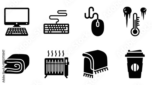 Cozy winter icons: blanket, coffee, computer setup, heater, temperature