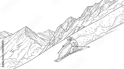 Dynamic alpine skiing adventure: black and white mountain landscape