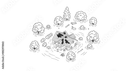 Isometric black and white illustration of house surrounded by floodwaters and trees
