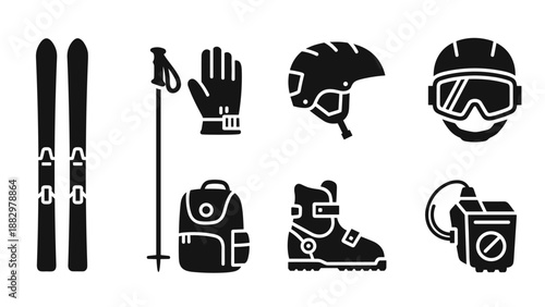 Ski gear and equipment icons in bold silhouette style for winter sports design