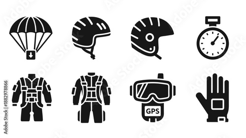 Silhouette set of skydiving and adventure gear icons in black