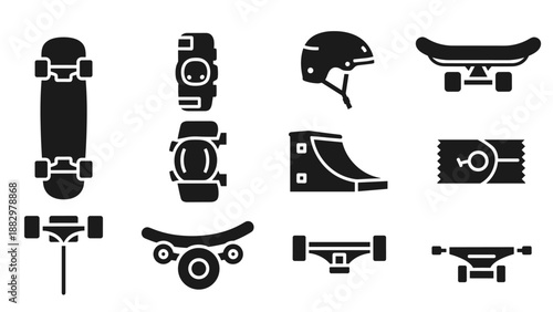 Silhouette skateboard equipment and gear set icons for modern urban sports design