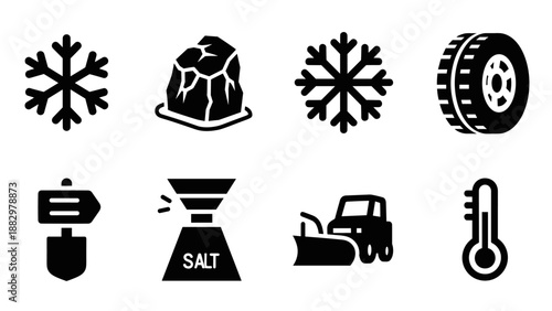 Winter preparedness icons: snowflakes, tire, and snowplow in bold black silhouettes
