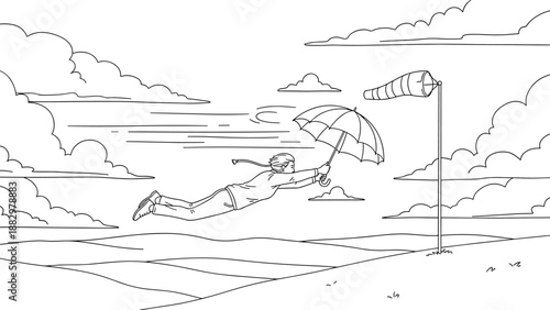 Whimsical journey: woman gliding with umbrella in windy sky scene