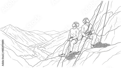 Climbers resting on mountain cliff with scenic view in linear art style
