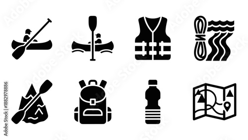 Silhouette paddling icons set: canoeing, kayaking, safety gear, and adventure essentials