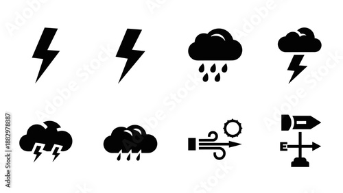 Weather icons set: lightning, rain, cloud, wind, and compass symbols in black silhouette style