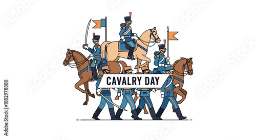 Cavalry procession with horses and soldiers marching in uniform on Cavalry Day celebration