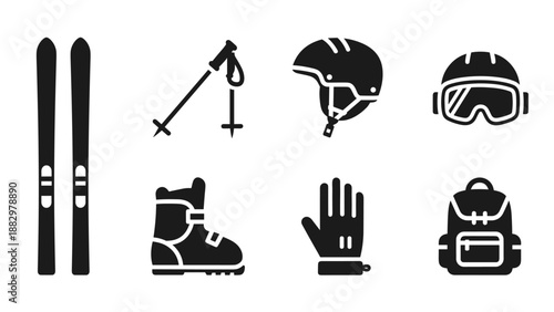 Essential ski equipment icons: skis, poles, helmet, boots, goggles, gloves, backpack