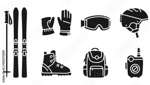 Winter sports gear icons in bold silhouette style for skiing enthusiasts
