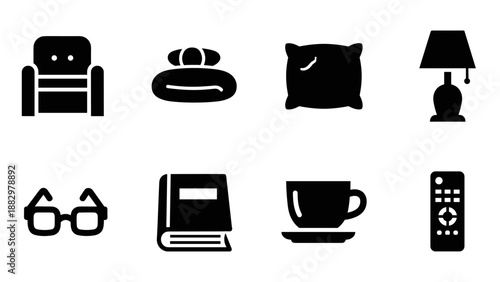 Minimalist icons of home comfort essentials: furniture, decor, and accessories