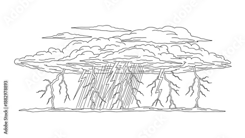 Thunderstorm clouds with lightning and rain in linear outline style