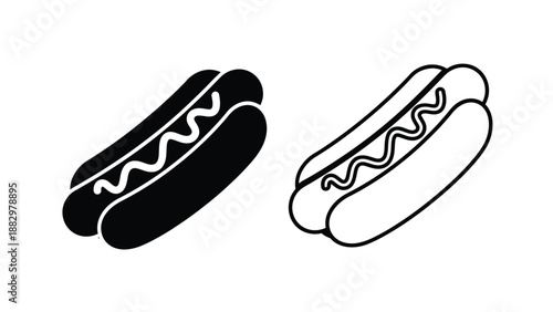 a simple black and white illustration of a hot dog in two different styles