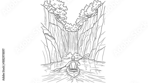 Kayaker explores waterfall in serene line art landscape scene