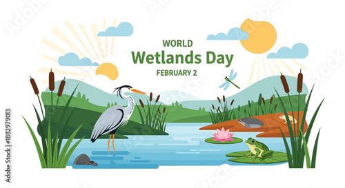 Birds standing near water body on World Wetlands Day celebration with lush greenery and vibrant flora illustrated