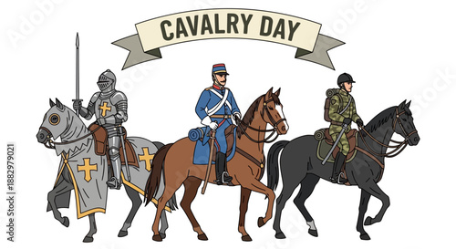 Cavalry soldiers riding horses in uniform, illustration of historical cavalry day scene from a side viewpoint