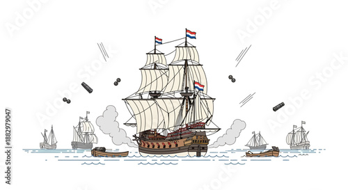 Naval battle scene with sailing ships and cannons firing, historical maritime warfare illustration, ships engaging in combat on the ocean