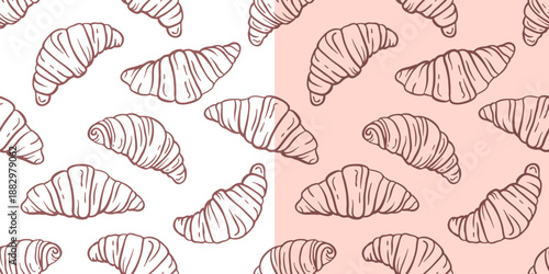 Seamless pattern of croissants line sketch on white or pink background. Hand drawn illustration. Vector print for wrapping paper in bakery.
