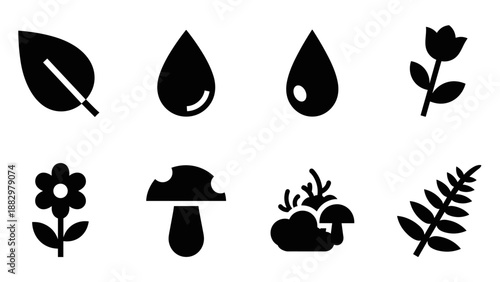 Nature icon set: minimalist black silhouette of leaves, flowers, and mushrooms