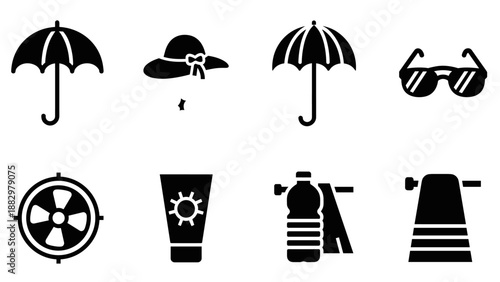 Summer essentials: silhouette icons of beach umbrellas, hats, sunscreen, and sunglasses for warm weather activities