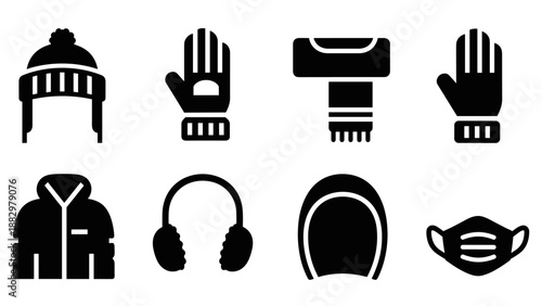Winter clothing icons set: hat, gloves, scarf, coat, ear muffs, mask