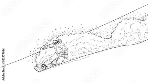 Dynamic snowboarding action in outline art style on powdery slope