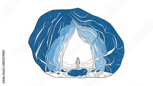 Adventurer inside majestic blue ice cave with detailed striations