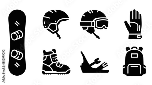 Essential silhouette icons of snowboarding gear for winter sports enthusiasts